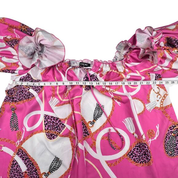 Chic Me Blouse XL Bold Chain Print Off Shoulder Vacation Party Silk Inspired Top - Picture 3 of 9